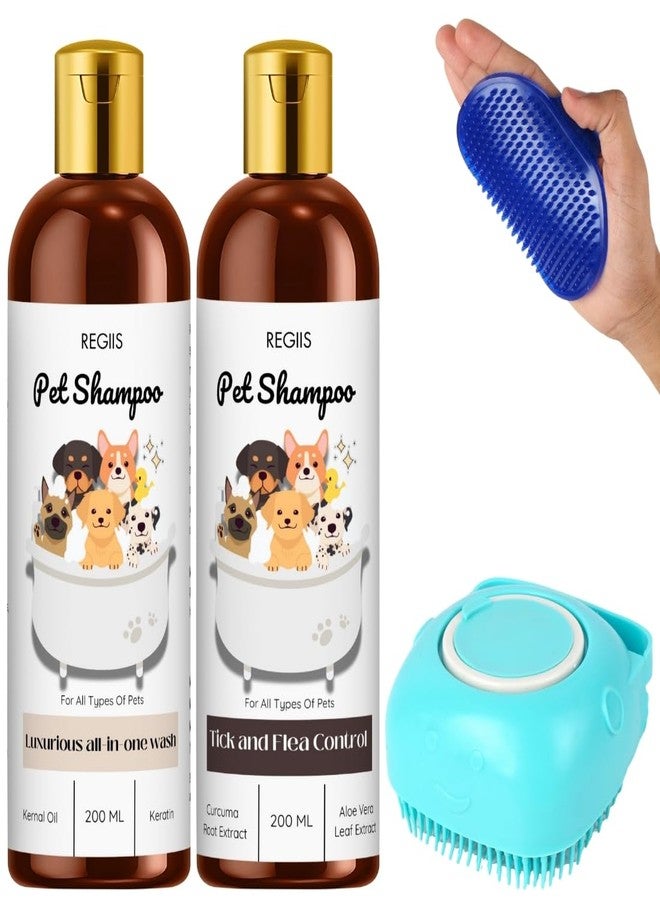 مجموعة شامبو ريجيس للحيوانات الأليفة مع مكافحة القراد والبراغيث، غسول فاخر شامل، زجاجات سعة 200 مل، فرشاة تدليك زرقاء للكلاب (عبوة من 4 قطع) - Image 1